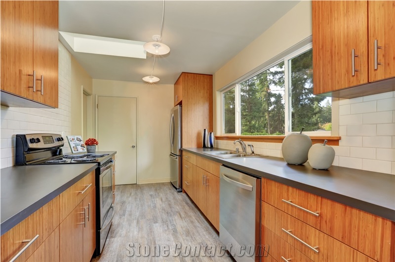 L Shaped Match Cemento Quartz Kitchen Countertops