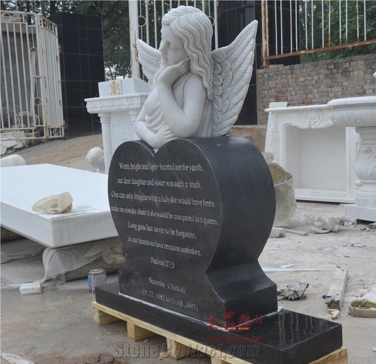 Pure White Marble and Granite Tombstone Sculpture