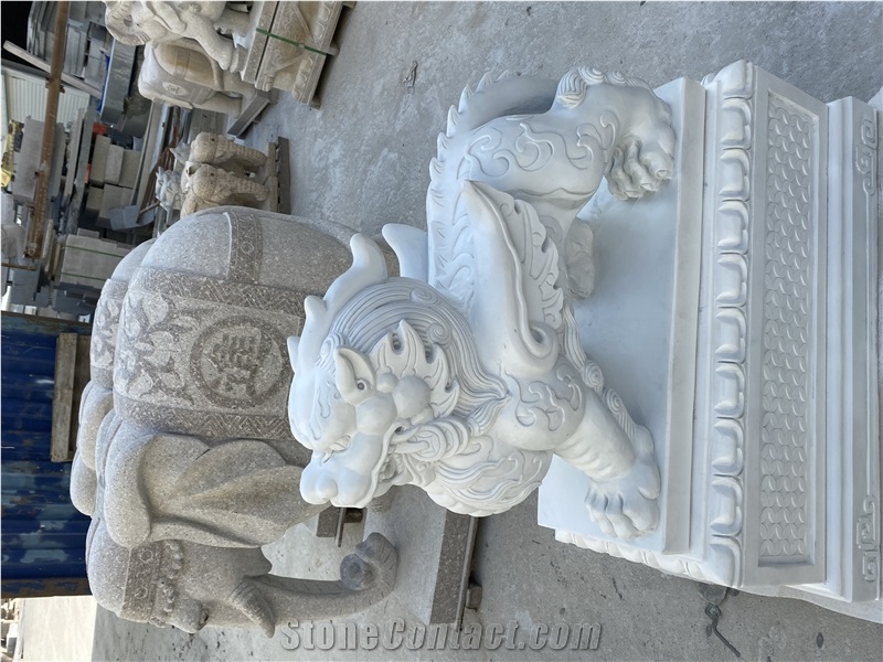 White Marble Mythical Wild Animal Stand by Statue