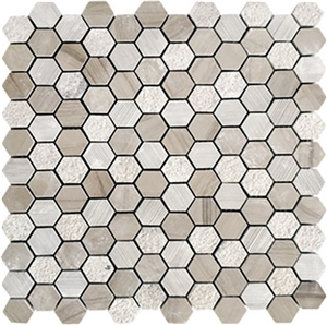 Hexagon Light Wooden Harmmered Brushed Marble Mosaic