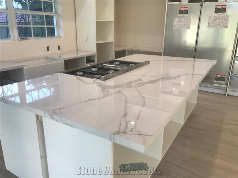 Bookmatch Calacatta Nano Panel Kitchen Countertops
