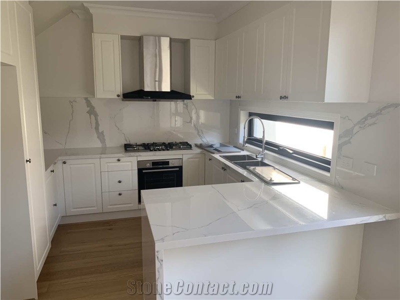 Bookmatch Calacatta Nano Panel Kitchen Countertops
