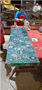 Agate Blue Semiprecious Stone Kitchen Countertop, Island Tops