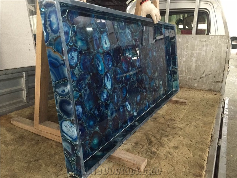 Agate Blue Semiprecious Stone Kitchen Countertop, Island Tops