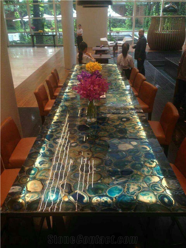 Agate Blue Semiprecious Stone Kitchen Countertop, Island Tops