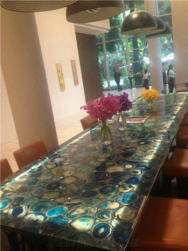 Agate Blue Semiprecious Stone Kitchen Countertop, Island Tops