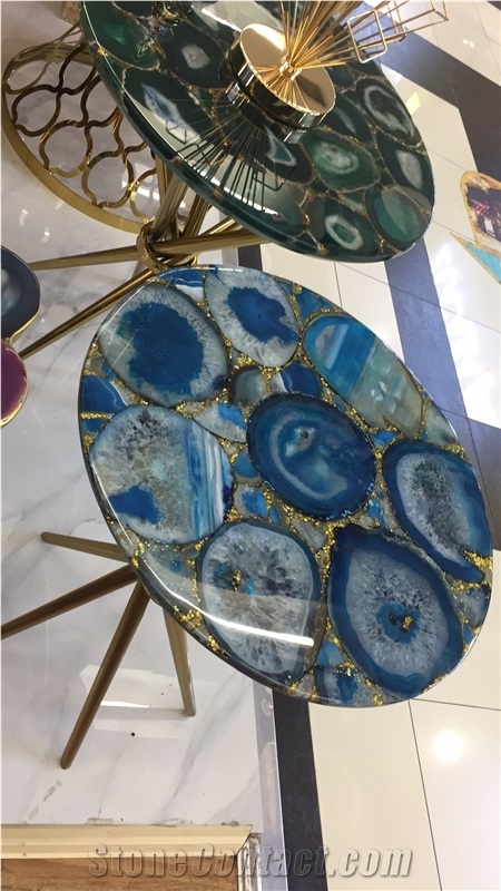 Customized Agate Blue Semiprecious Stone Table Top