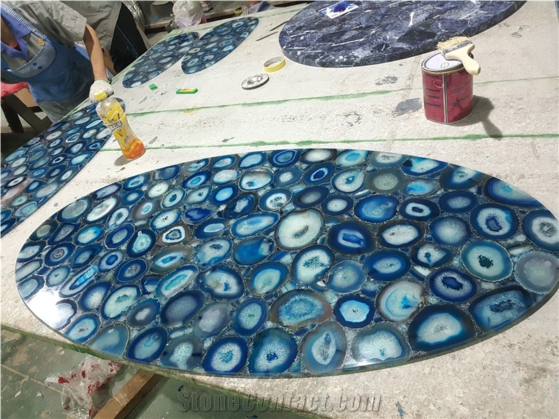 Customized Agate Blue Semiprecious Stone Table Top