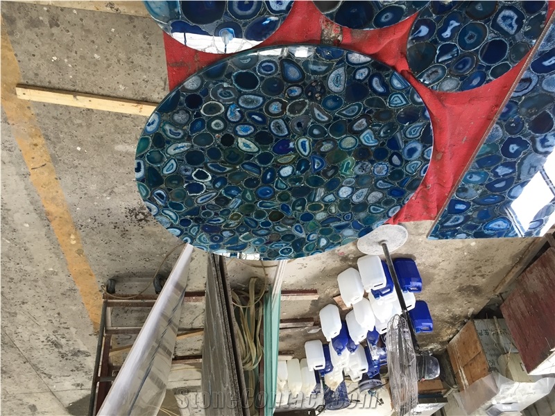 Blue Agate Semiprecous Stone Jade Side Table Tops