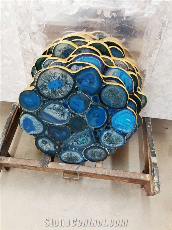 Blue Agate Semiprecous Stone Jade Side Table Tops