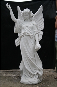 White Marble Angel Statue Holding Rose