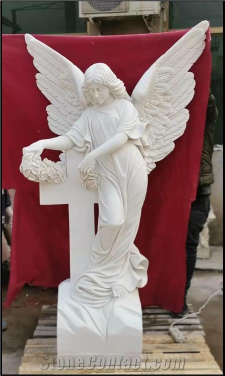 White Marble Angel Statue with Cross