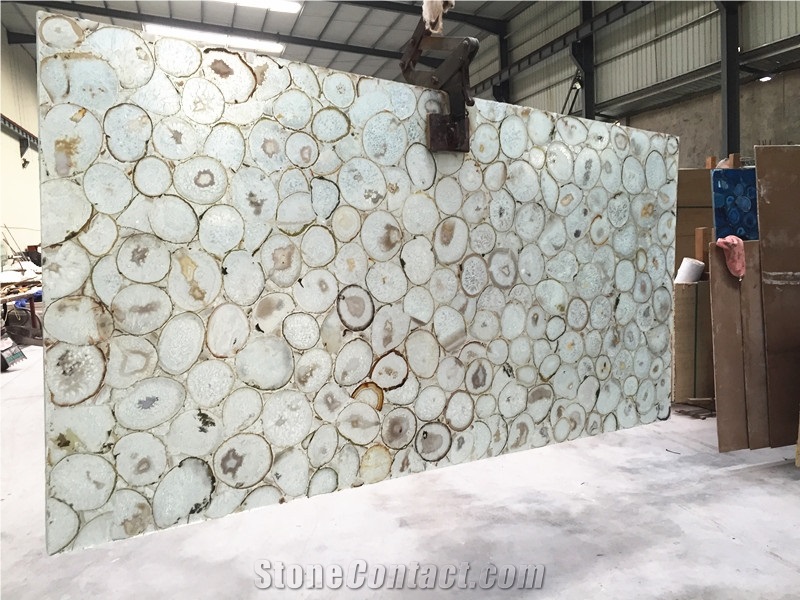 Slice White Agate Semiprecious Stone Wall Tile