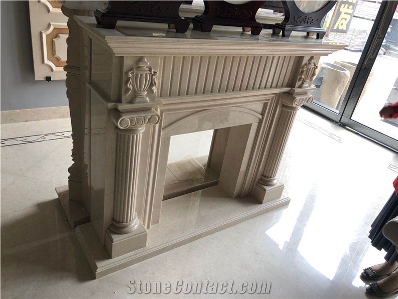 Indoor Modern Beige Marble Fireplace