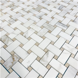 Calacatta Basketweave W Beige Gray Dot Mosaic Tile