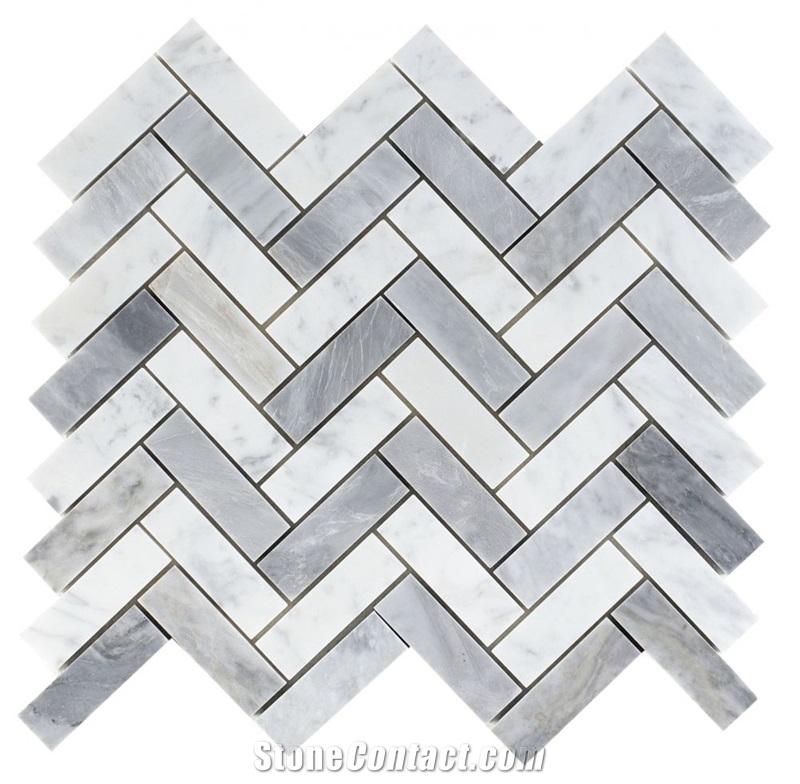 Chevron Long Loft 11x12 Calacatta & Bardiglio Mosaic Tile