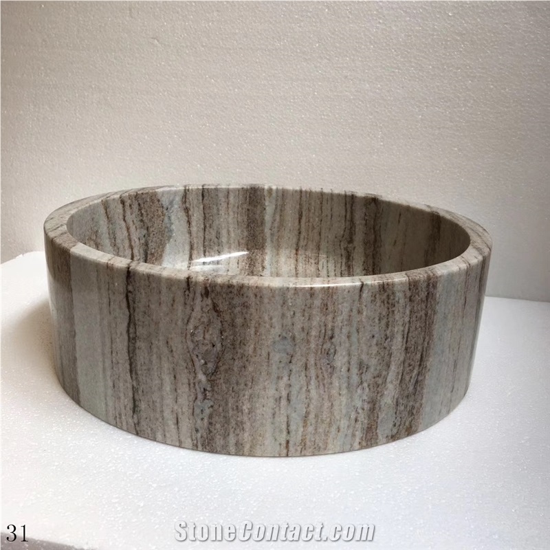 China Crystal White Wood Marble Home Round Sink