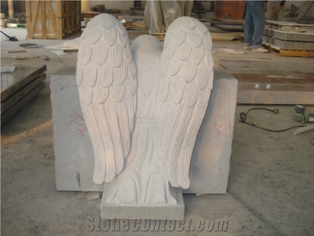 Light Gray Granite Angel Headstone with Flower