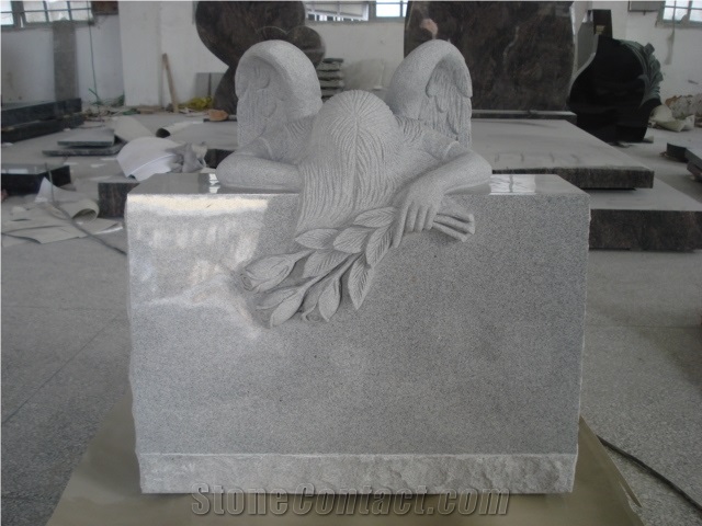 Light Gray Granite Angel Headstone with Flower