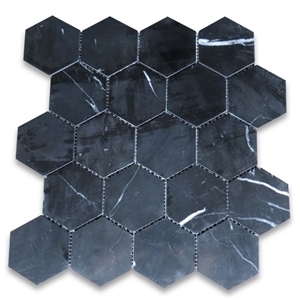 Nero Marquina Black Marble 3" Hexagon Mosaic Tile