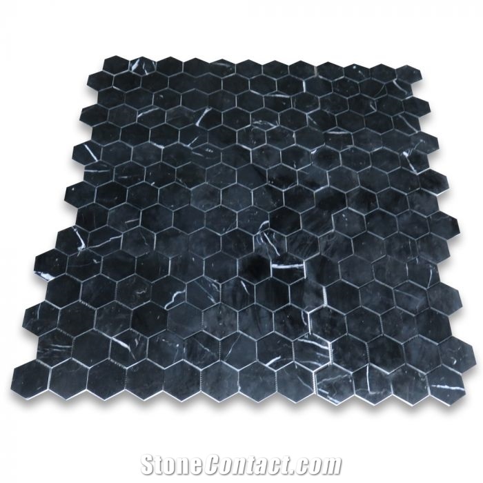 Nero Marquina Black Marble 3" Hexagon Mosaic Tile