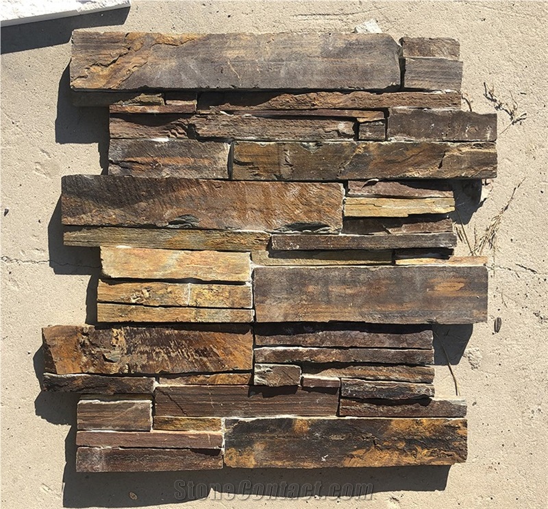 Rust Slate Stacked Stone Corners Meshed Cement