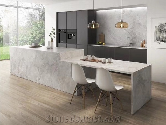 Natural Super White Quartzite Waterfall Island Top