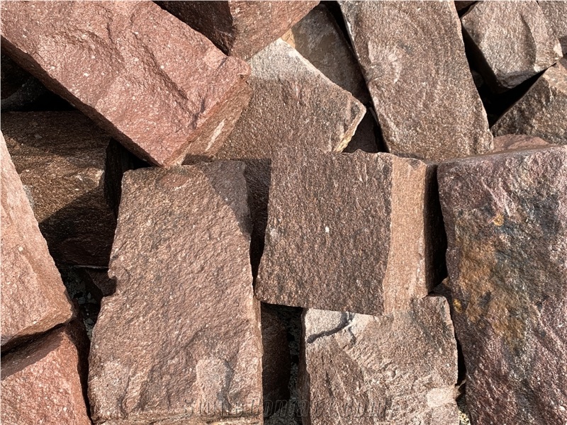 Red and Brown Basalt Stone Cobblestone, Pavers, Patio Cubes