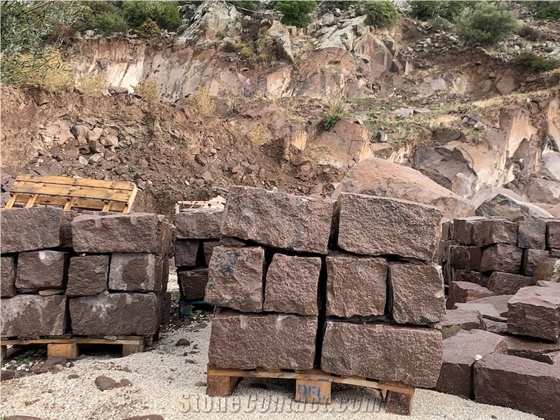 Red and Brown Basalt Stone Cobblestone, Pavers, Patio Cubes