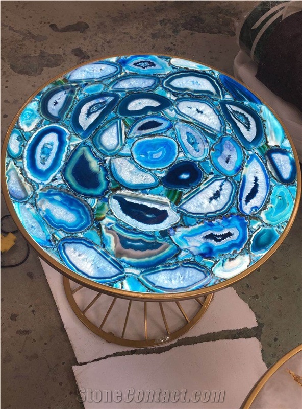 Blue Agate Semiprecious Stone Coffeetable/Agate Bar Tabletop