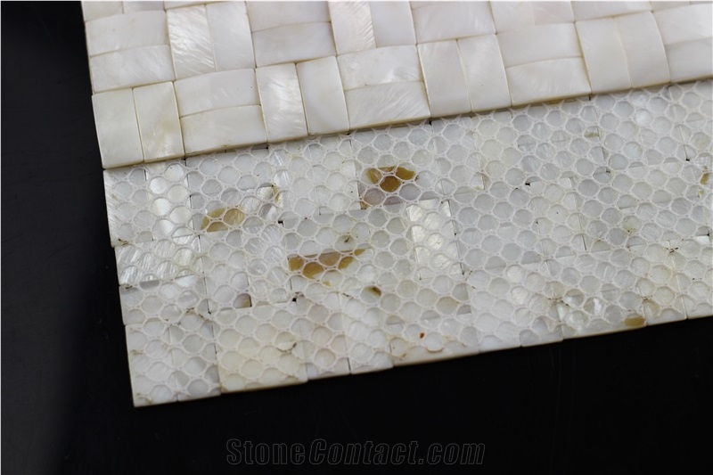 White 3d Shell Mosaic Tile Backsplash on Mesh