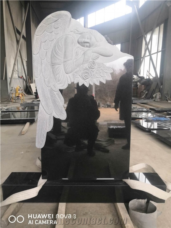Angel Carved Granite Tombstone Monument Black Stone