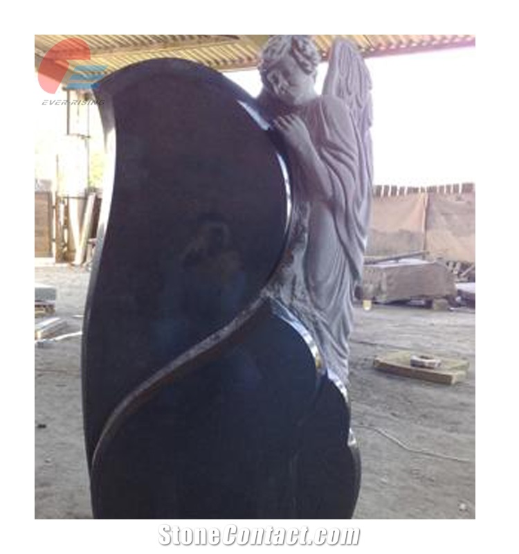 Cloud-Shaped Black Granite Headstone with Angel