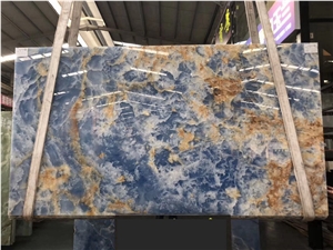 Brown Veins Golden Blue Onyx Slab for Floor Wall