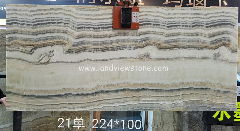 Light through Beige Wooden Veins Onyx Slab