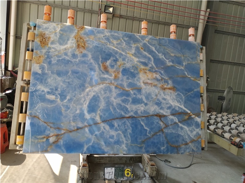 Blue Gold Ice Onyx Slabs Painted Azul Wall Tiles