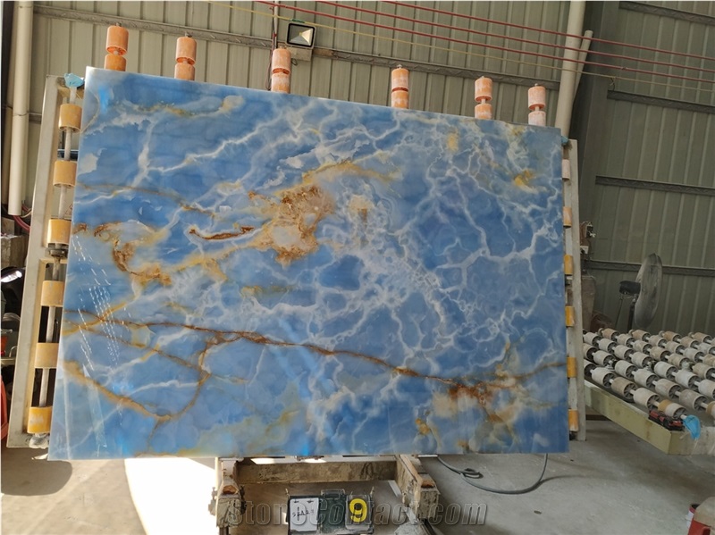 Blue Gold Ice Onyx Slabs Painted Azul Wall Tiles