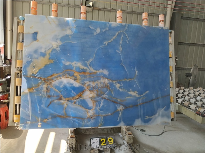 Blue Gold Ice Onyx Slabs Painted Azul Wall Tiles