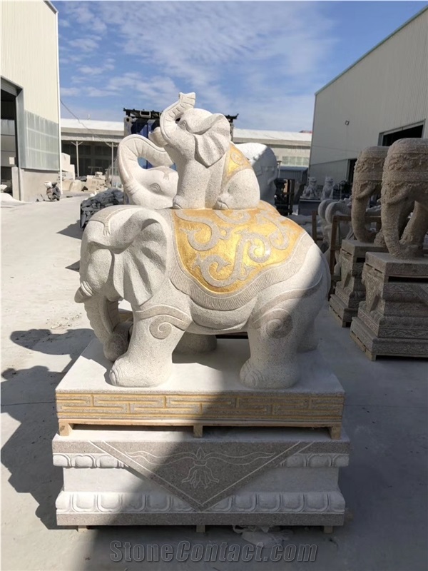 Golden Animal Elephant Statues Granite Carving