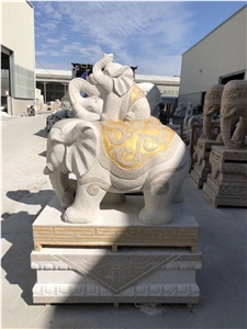 Golden Animal Elephant Statues Granite Carving