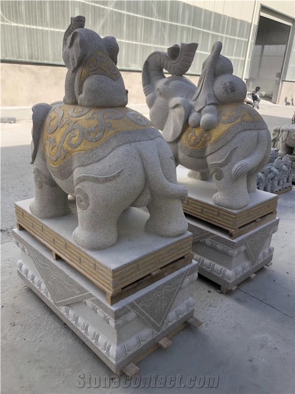 Golden Animal Elephant Statues Granite Carving