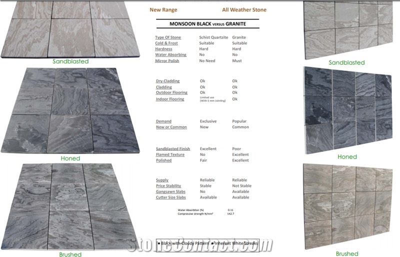 Monsoon Black Quartzite Slabs & Tiles Brushed