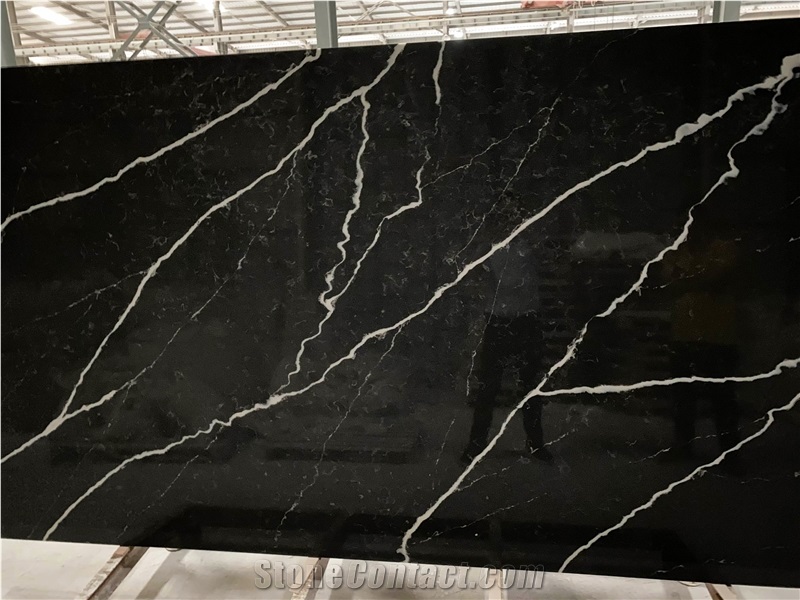 Black Quartz Slabs with White Veins
