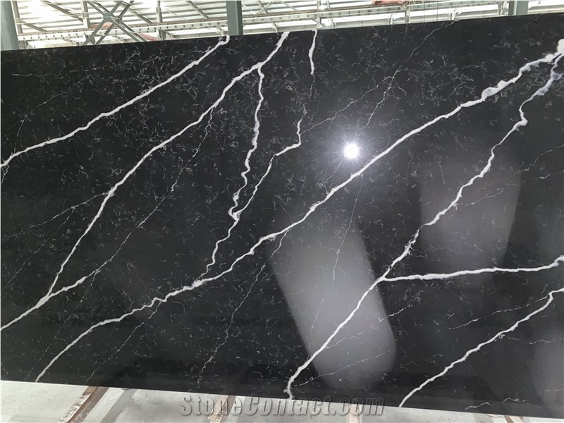 Black Quartz Slabs with White Veins