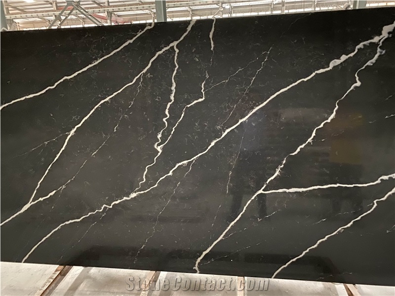 Black Quartz Slabs with White Veins