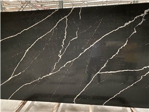 Black Quartz Slabs with White Veins