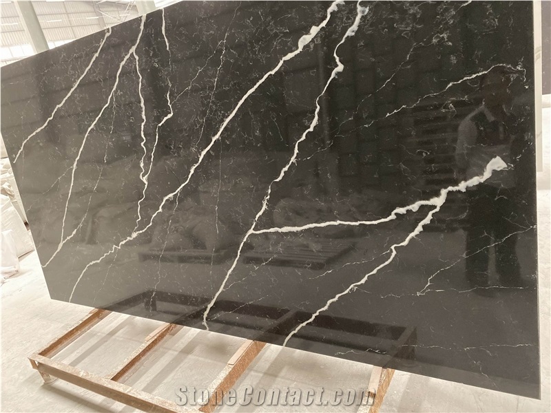 Black Quartz Slabs with White Veins