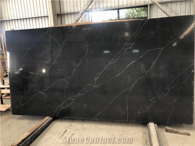 Black Quartz Slabs with White Veins