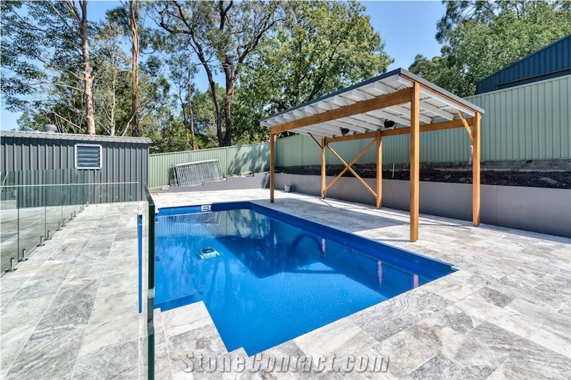 Silver Blue Travertine Pool Terrace Pattern