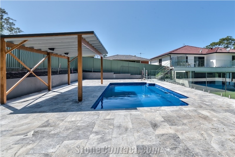 Silver Blue Travertine Pool Terrace Pattern